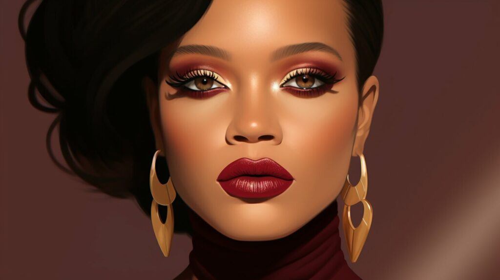 Rihanna in a burgundy dress with gold hoop earrings and red lipstick