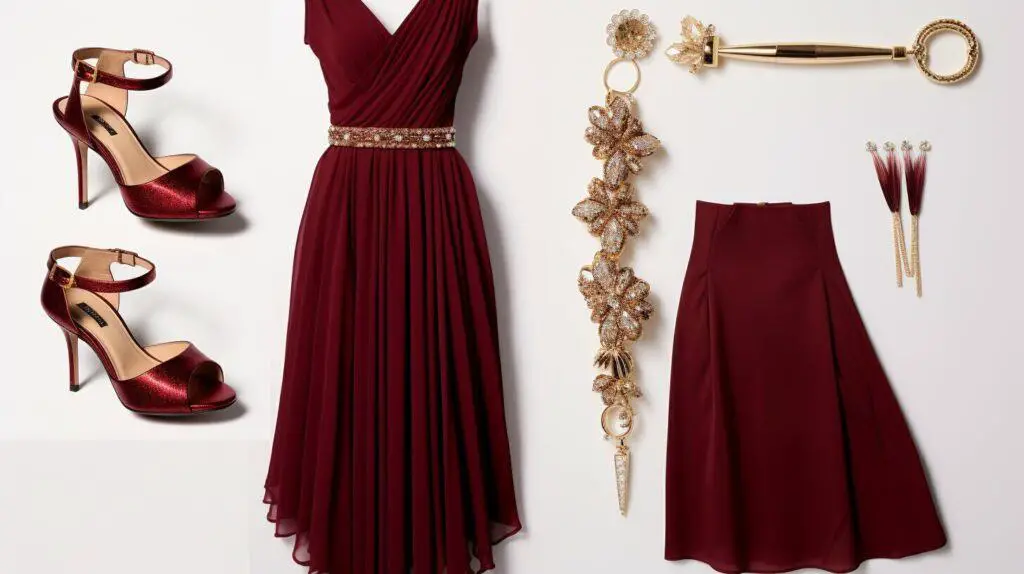 burgundy dress with gold accessories