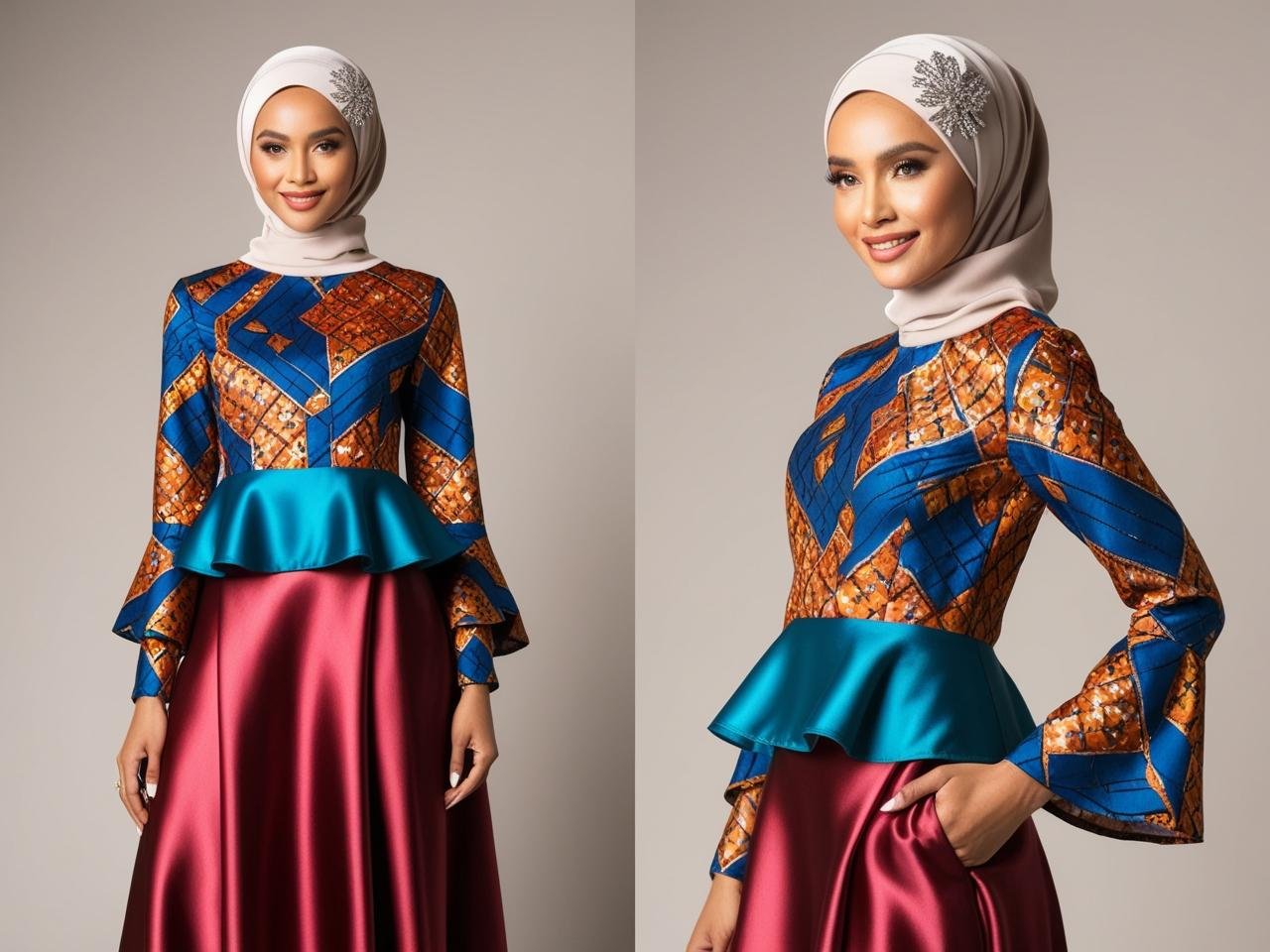 Blouse Peplum Batik dengan Rok Satin outfit hijab muslimah untuk pesta ta 20241125 231636 0000