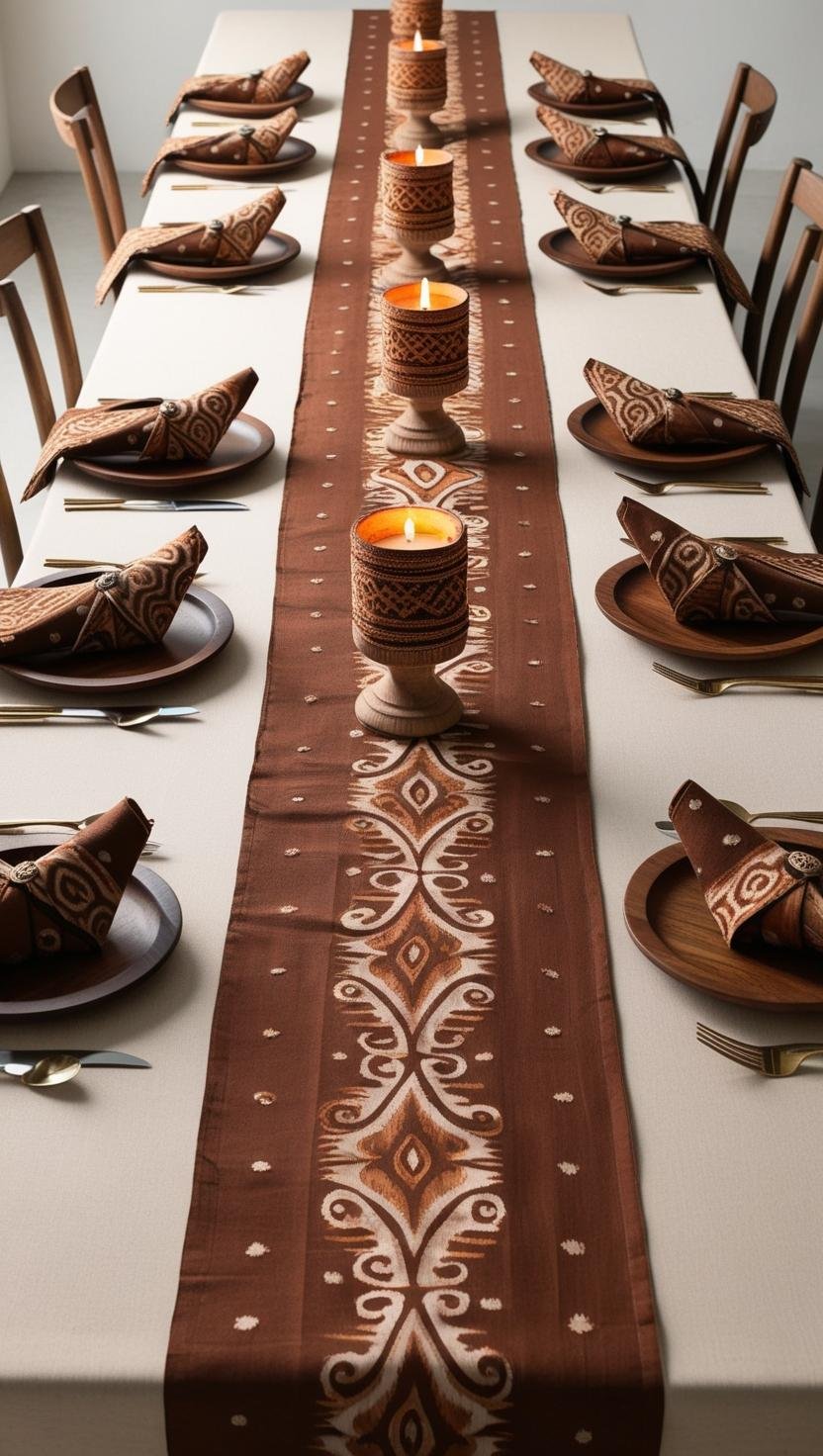 Formal Dining Table with Ethnic Indonesian Symmetrical Batik Home Decor Design Idea Lay out a lon 1