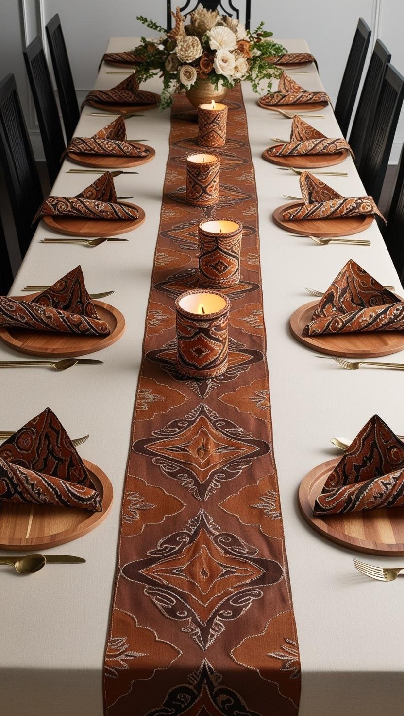 Formal Dining Table with Ethnic Indonesian Symmetrical Batik Home Decor Design Idea Lay out a long ta