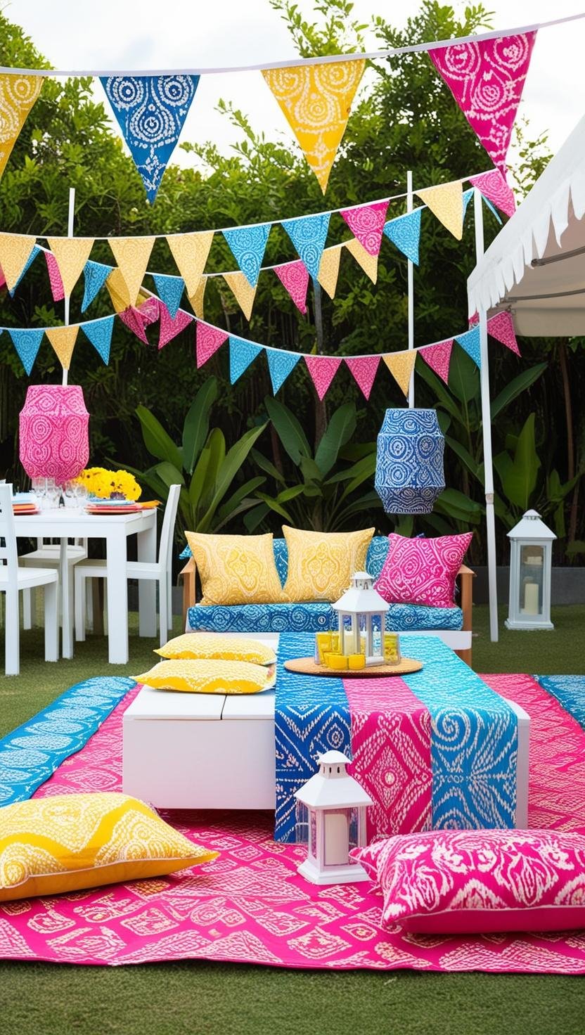 Outdoor Celebration with Ethnic Indonesian Vibrant Batik Home Decor Design Ideas Decorate with colorful b