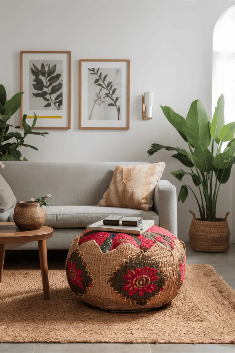 Batik Jute Pouf with Floral Motifs