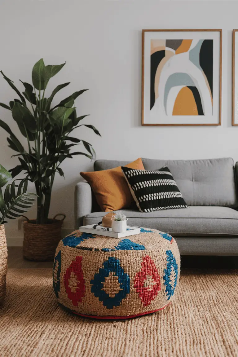 Batik Jute Pouf with Geometric Patterns