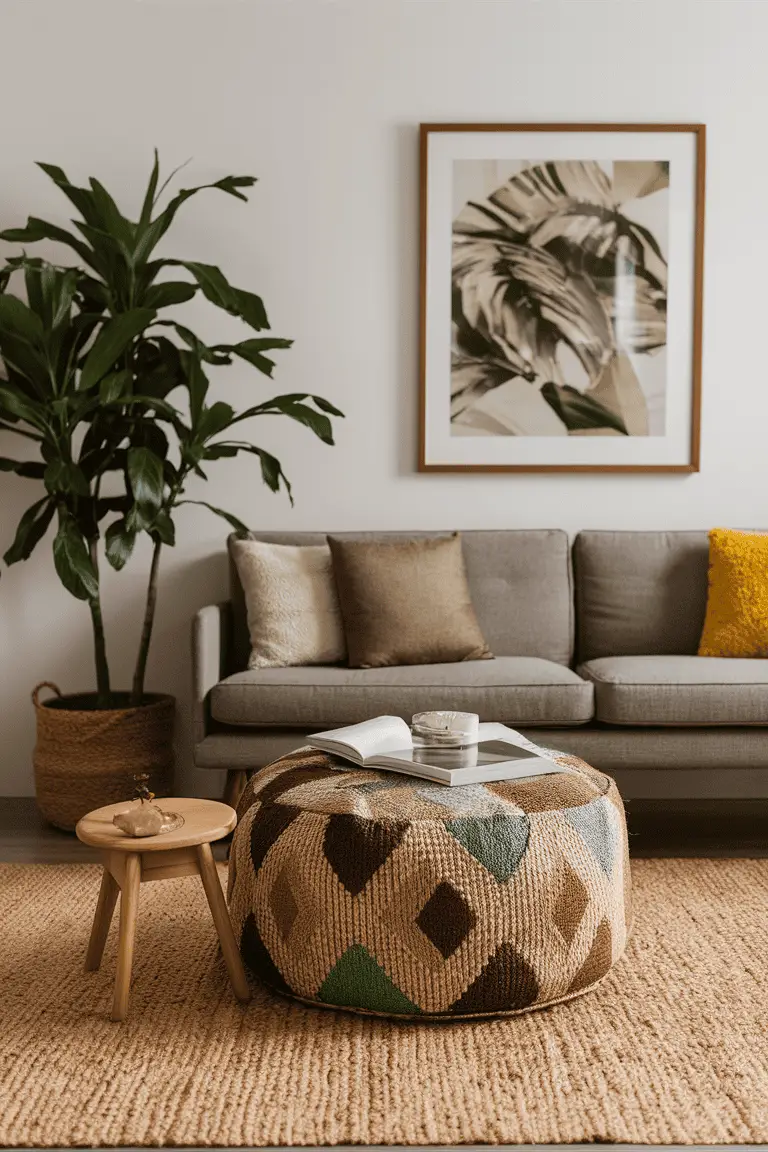 Batik Jute Pouf in Earthy Tones